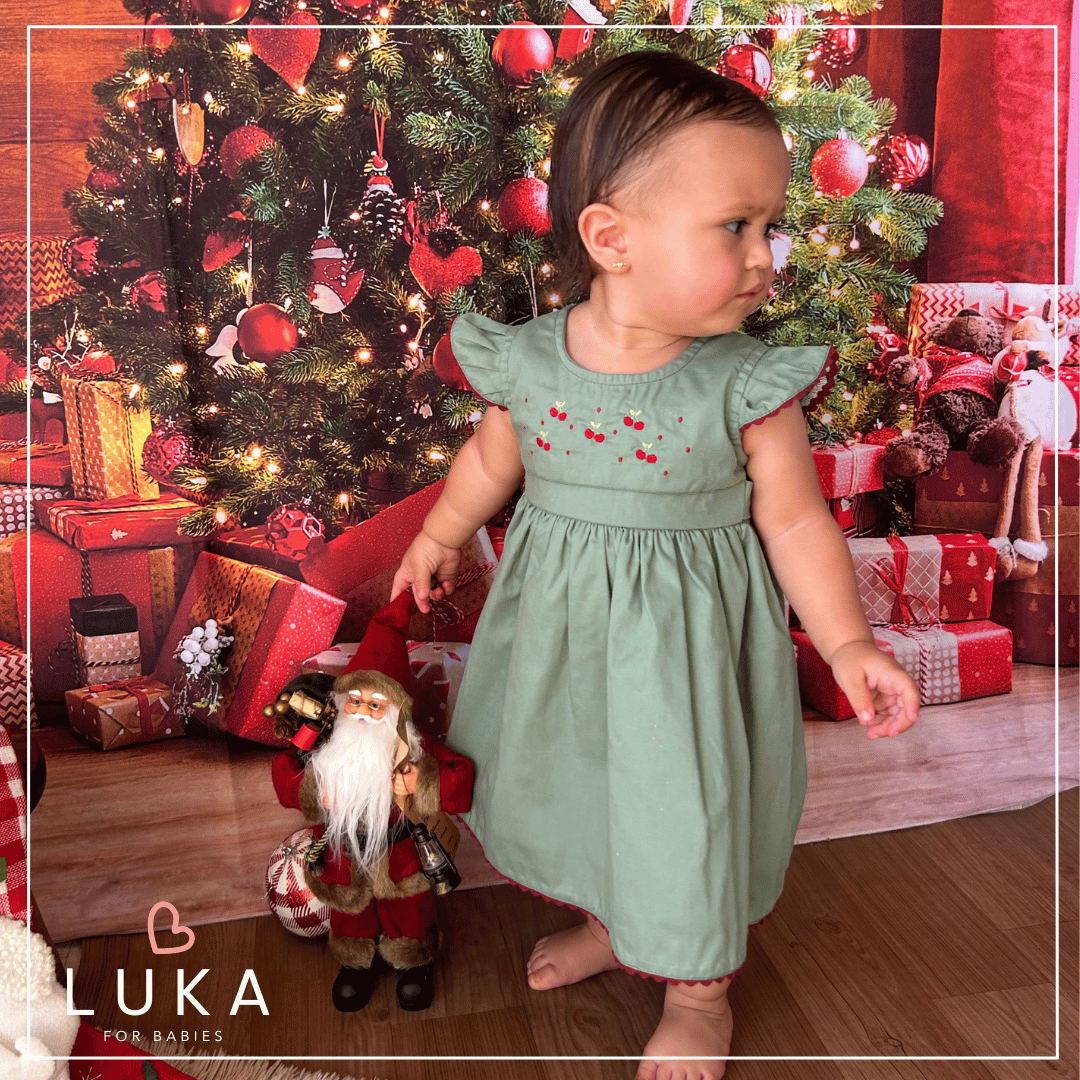 Vestido Bebê Cerejinhas Verde Oliva