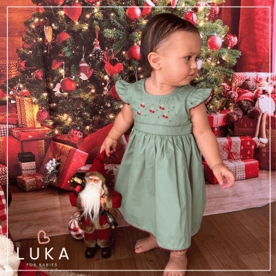 Vestido Bebê Cerejas Verde Oliva