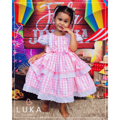 Vestido Festa Junina Xadrez Rosa