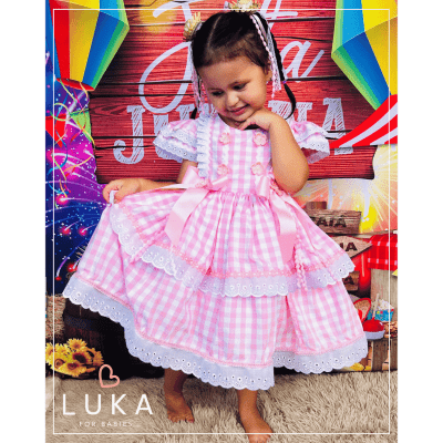Vestido Festa Junina Xadrez Rosa