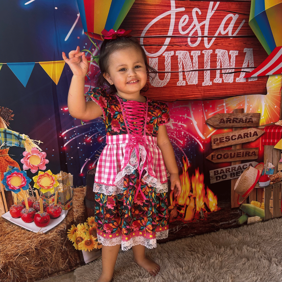 Vestido Festa Junina Floral Marinho